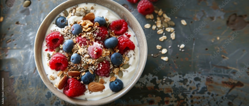 Healthy breakfast bowl with yogurt, fresh berries, nuts, and granola on a rustic table for a nutritious morning start. Healthy breakfast bowl with yogurt, fresh berries, nuts, and granola on a rustic table for a nutritious morning start.