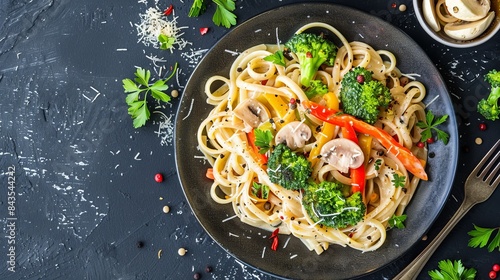 Delicious plate of pasta with broccoli  mushrooms  and peppers on a dark background  garnished with herbs and parmesan cheese.