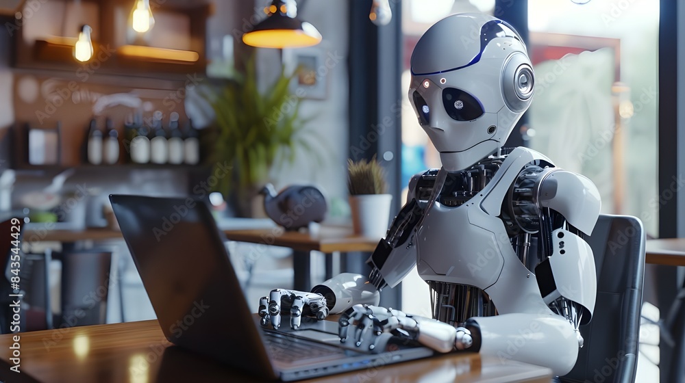 MLP 3d illustration Robot hominoid use laptop and sit at table for engineering science studying using AI thinking brain , artificial intelligence and machine learning process for 4th industrial MLP 3d illustration Robot hominoid use laptop and sit at table for engineering science studying using AI thinking brain , artificial intelligence and machine learning process for 4th industrial