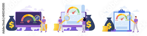 Credit score app with rating scale from poor to good rate. Vector illustration set.