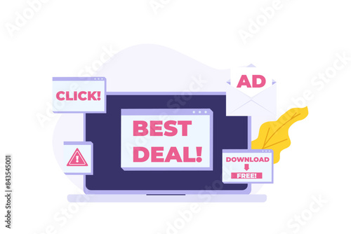 Computer adware attack, spam, internet advertising concept. Vector illustration