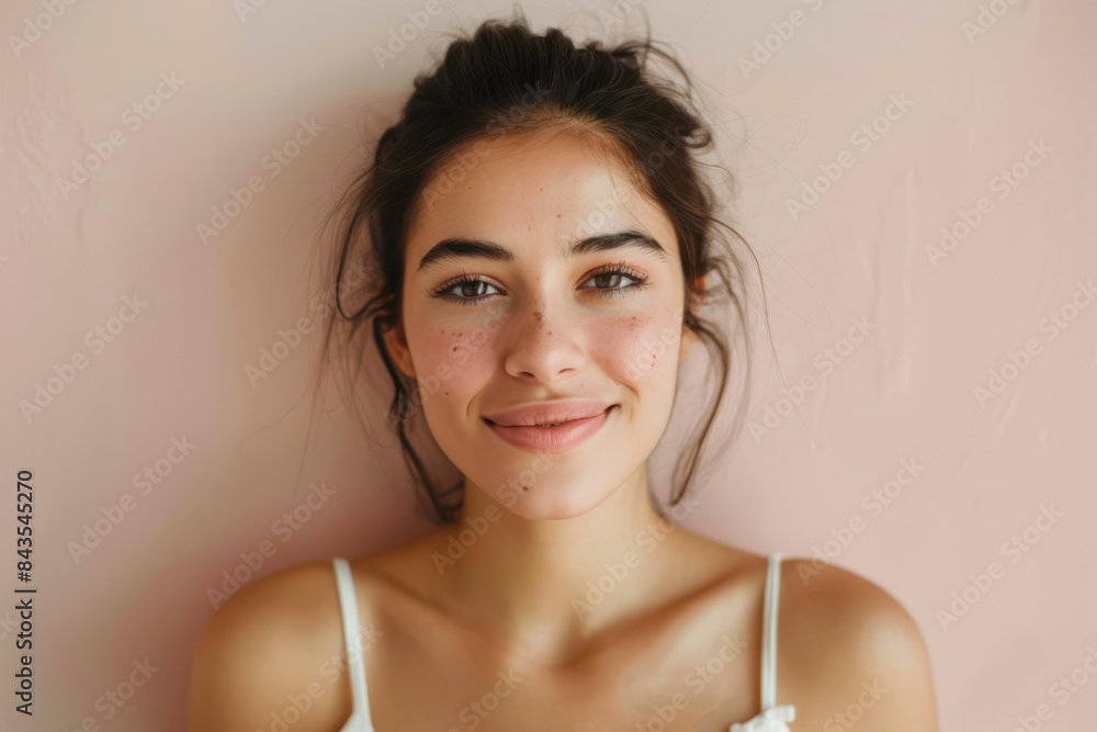 A close up portrait of a young woman with a subtle smile A close up portrait of a young woman with a subtle smile
