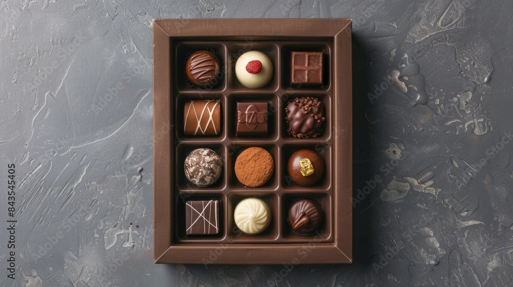 Various chocolates in boxes on gray background. Various chocolates in boxes on gray background.