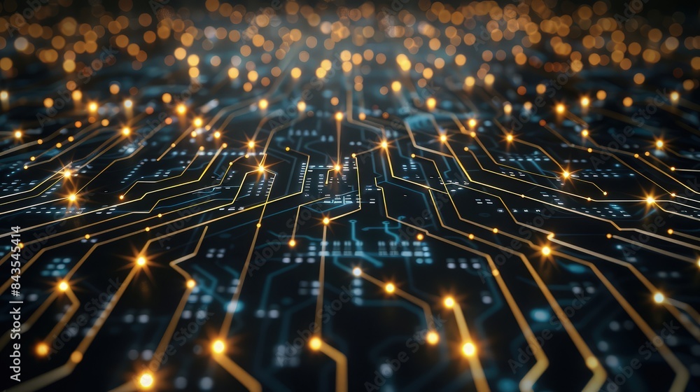An intricate circuit board pattern, with shining circuits and bright nodes on a dark surface, representing the complexity and power of modern computing. An intricate circuit board pattern, with shining circuits and bright nodes on a dark surface, representing the complexity and power of modern computing.
