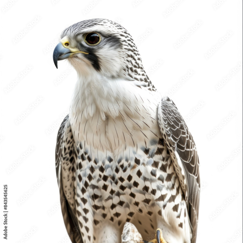 Detailed portrait of a Peregrine Falcon, showcasing its piercing gaze and beautifully patterned plumage Detailed portrait of a Peregrine Falcon, showcasing its piercing gaze and beautifully patterned plumage
