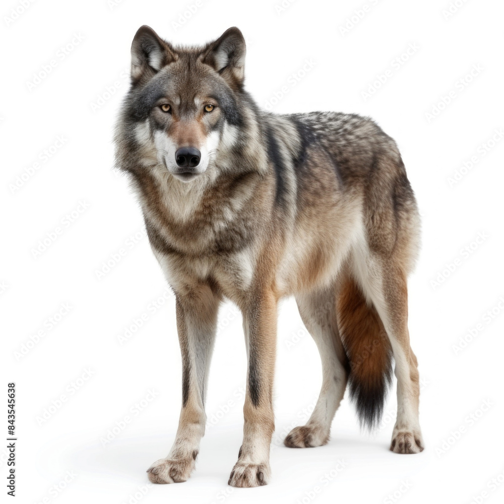 Alert grey wolf standing with a commanding presence, its intense eyes surveying the surroundings. Alert grey wolf standing with a commanding presence, its intense eyes surveying the surroundings.