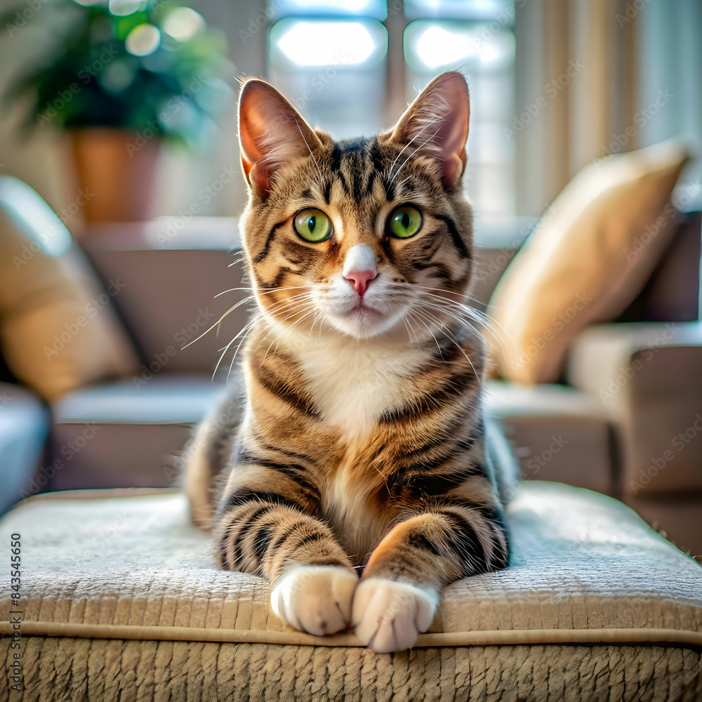 adorable cat relaxing indoors. Peaceful tabby cat taking a nap on a comfortable sofa in the living room adorable cat relaxing indoors. Peaceful tabby cat taking a nap on a comfortable sofa in the living room