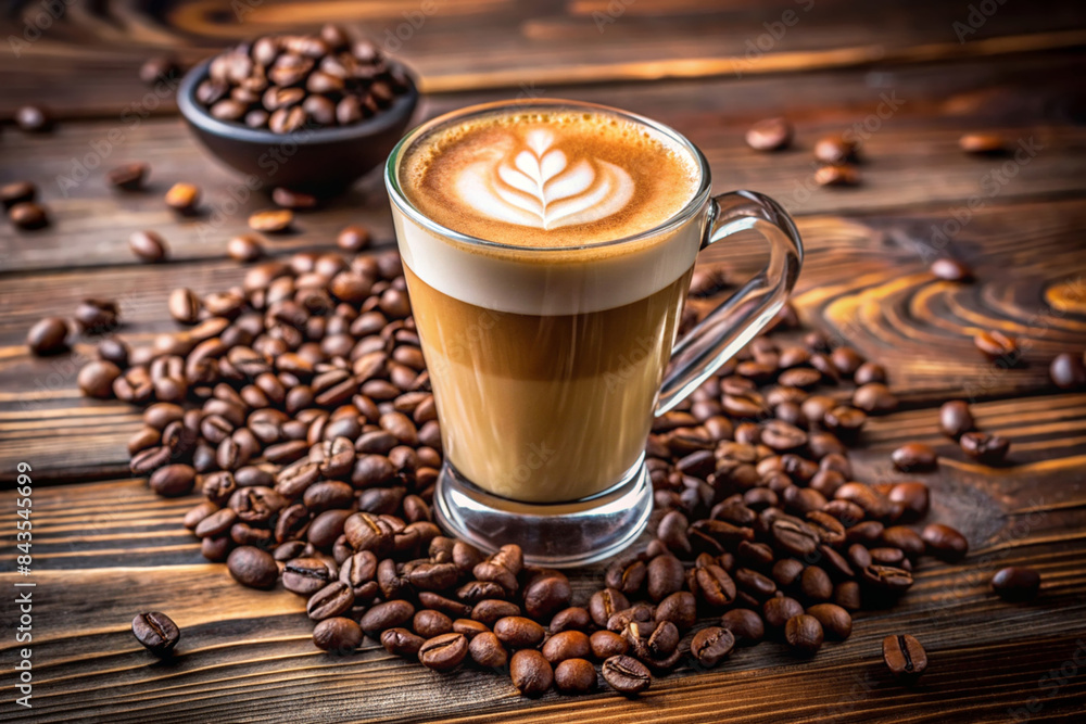 A glass of coffee moccachino and many-coffee beans on wooden table