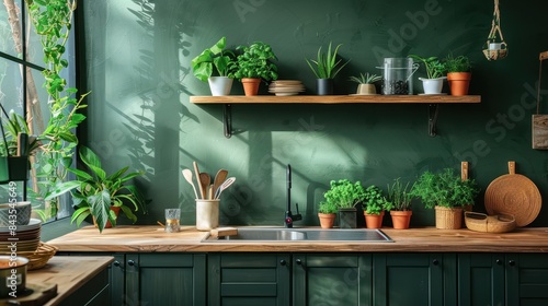 A kitchen with a green wall and a wooden countertop