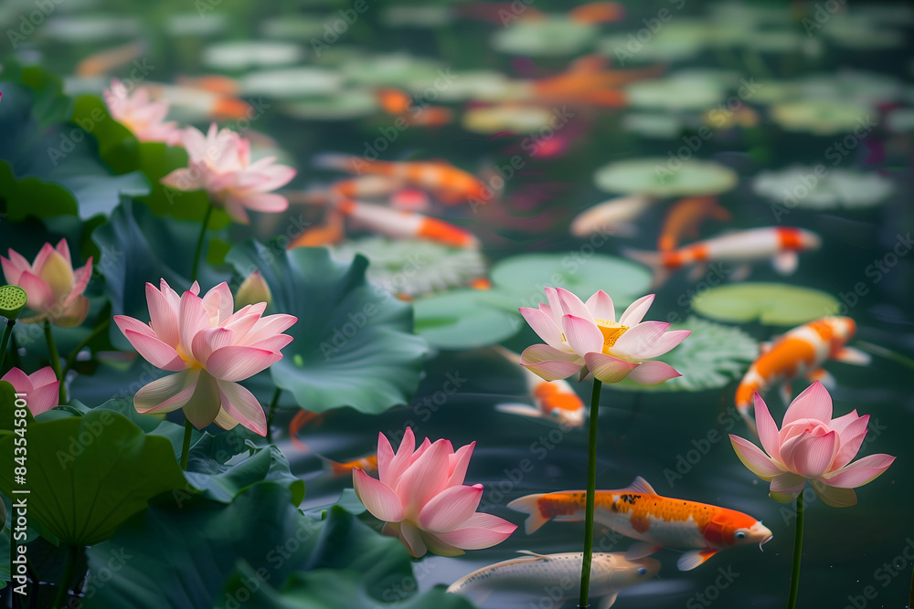 Serene pond with lotus flowers in full bloom and koi fish swimming gracefully. Serene pond with lotus flowers in full bloom and koi fish swimming gracefully.