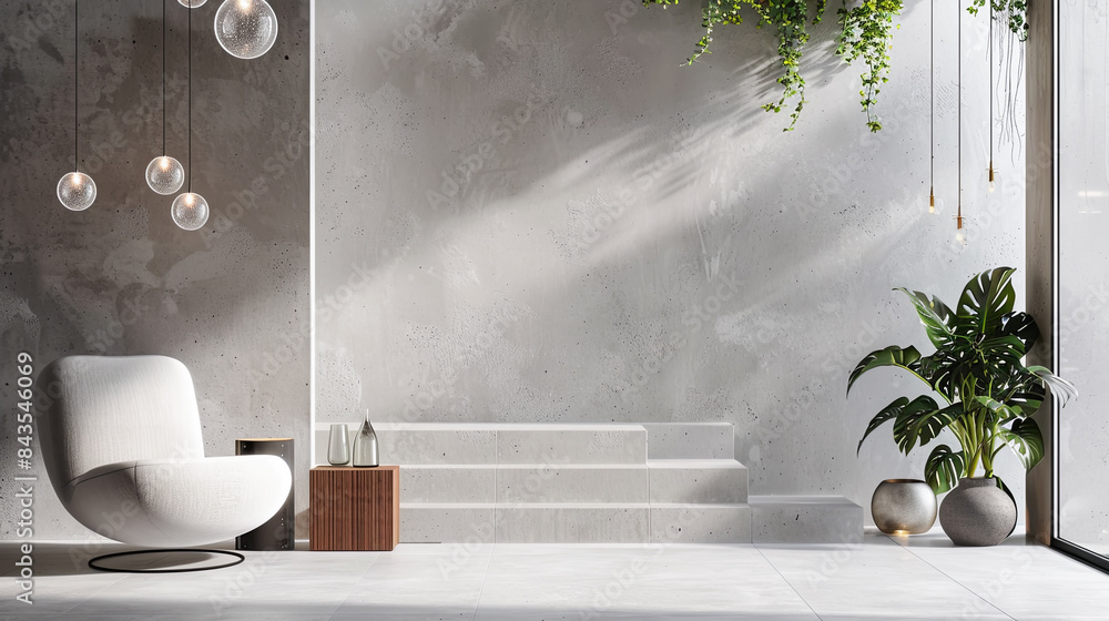 Modern living room interior with white walls, concrete floor, white ...