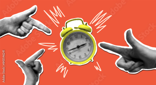 Modern collage with halftone pointing hands and alarm clock. Paper cutout elements. Dotted pop art style. Deadline concept. Trendy vintage newspaper parts