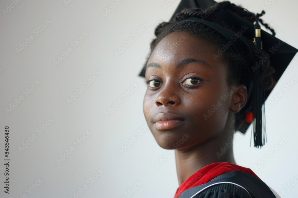 Confident young Black woman in graduation robes, her expression reflecting hope and ambition for the future. Confident young Black woman in graduation robes, her expression reflecting hope and ambition for the future.