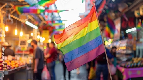 A rainbow flag is held by a person in a crowded market © Pure Imagination