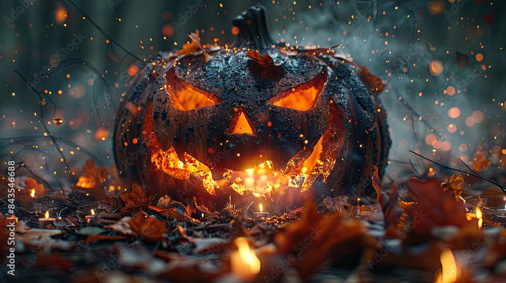 A close-up of a jack-o'-lantern with a menacing face, surrounded by autumn leaves and flickering candles, capturing the spirit of Halloween. A close-up of a jack-o'-lantern with a menacing face, surrounded by autumn leaves and flickering candles, capturing the spirit of Halloween.