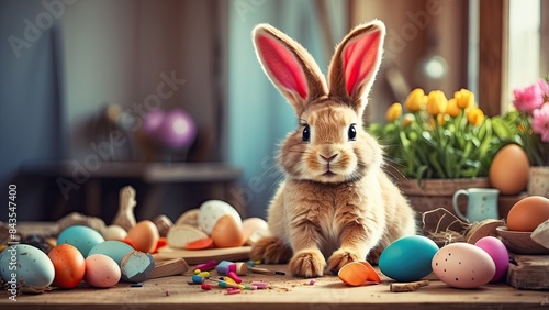 construction helmet-clad Easter bunny, festive construction scene, vibrant eggs as tools, cheerful mood, morning sunlight