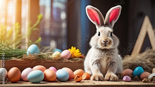 construction helmet-clad Easter bunny, festive construction scene, vibrant eggs as tools, cheerful mood, morning sunlight