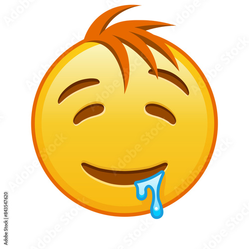 Drooling face on white background. Large size of yellow emoji smile with hair