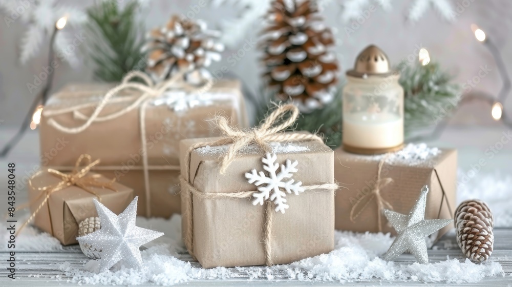 Christmas Gifts with Pinecones and Snowy Decorations Christmas Gifts with Pinecones and Snowy Decorations