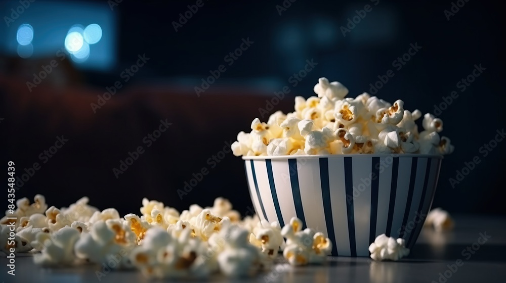 Popcorn, street fast food, on blurred background in colored plate. AI generated. Popcorn, street fast food, on blurred background in colored plate. AI generated.