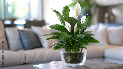 Spathiphyllum in glass vase on table in living room photo