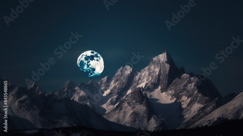Tops of snow-capped mountains against background of starry sky, moon. AI generated. © Serhii