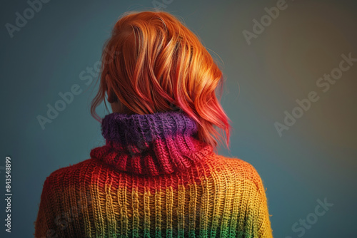 Non-binary person with red hair wearing rainbow sweater seen from behind, LGBTQ concept