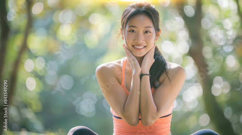 Young Woman Smiling Outdoors in Nature, Wearing Athletic Clothing, Enjoying a Sunny Day in the Park, Fitness and Wellness Concept, Healthy Lifestyle, Natural Background with Bokeh Effect © GenerAte Ideas