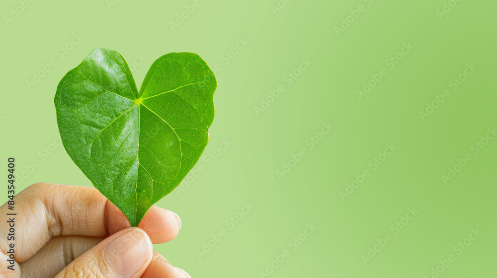 Hand Holding Heart-Shaped Green Leaf Against Light Green Background, Symbolizing Love for Nature, Environmental Conservation, and Eco-Friendly Practices Hand Holding Heart-Shaped Green Leaf Against Light Green Background, Symbolizing Love for Nature, Environmental Conservation, and Eco-Friendly Practices