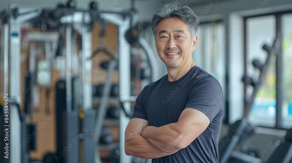 Middle-Aged Korean Male Fitness Trainer at Gym, Sports Training, Fitness Coaching, Healthy Lifestyle Promotion Middle-Aged Korean Male Fitness Trainer at Gym, Sports Training, Fitness Coaching, Healthy Lifestyle Promotion