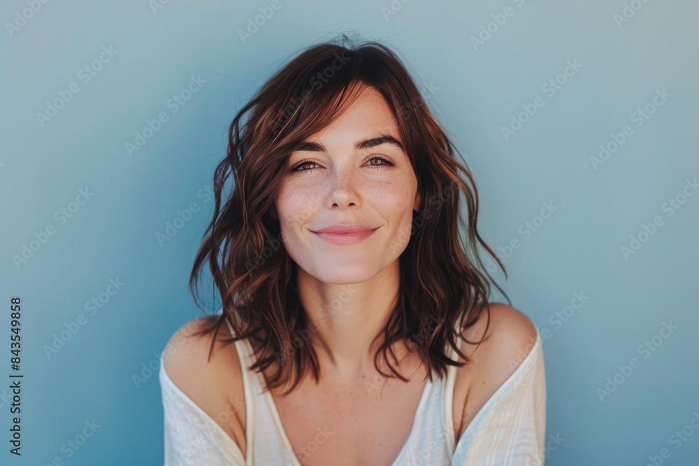 A close up portrait of a young woman with a subtle smile A close up portrait of a young woman with a subtle smile