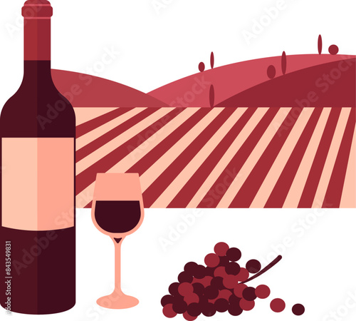 Bottle and glass of red wine and bunch of red grapes and vineyard as background. Vector illustration. Transparent background 