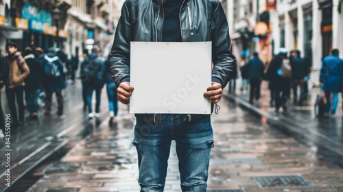Person holding a blank white sign in a busy urban street, offering space for customizable messages amidst a bustling city backdrop.