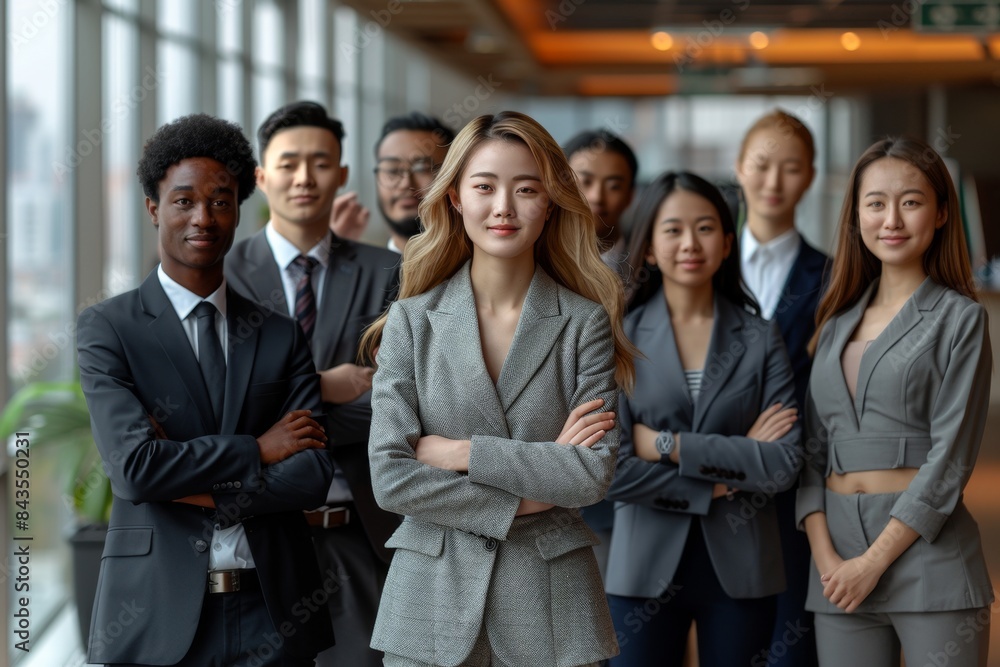 Obraz premium Business and finance concepts. Team of Asian employees with female leader as well as black employees stand in beautiful expensive office and look at camera. Young professionals in suits office workers