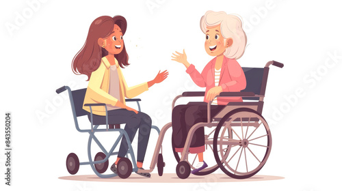 Two Women in Wheelchairs Engaging in a Friendly Conversation - Inclusive and Diverse Representation of Disability and Friendship in a Bright, Cheerful Setting