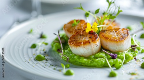 A gourmet dish featuring seared scallops on a bed of pea puree, garnished with microgreens and edible flowers, elegant white plate, minimalistic table setting, vibrant colors and textures,