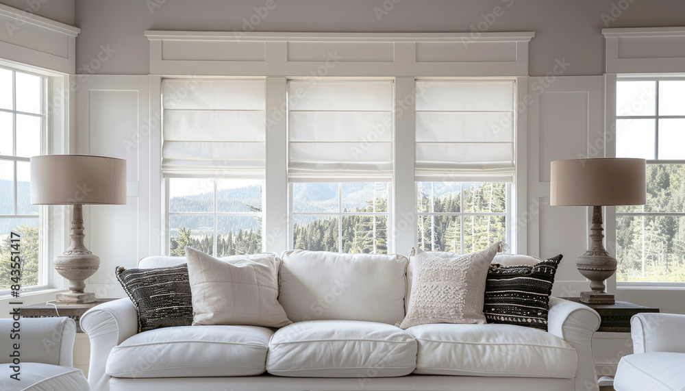 Fototapeta premium White Roman blinds on the windows in the living room.