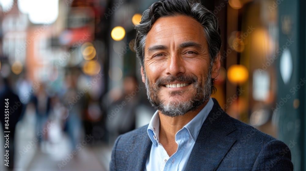 A man in a blue suit stands smiling on a city street A man in a blue suit stands smiling on a city street