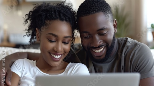 A happy couple sits together on a couch, laughing and looking at a laptop