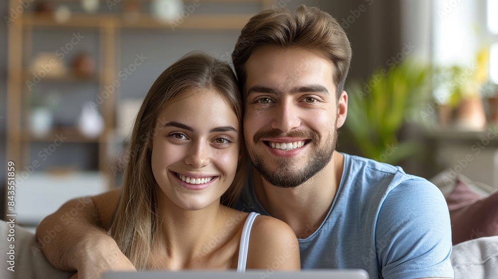 A young couple smiles at the camera while sitting together indoors A young couple smiles at the camera while sitting together indoors