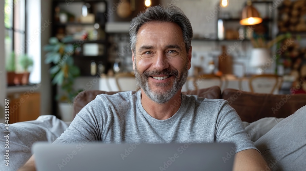 A man sits on a couch in his living room using a laptop A man sits on a couch in his living room using a laptop