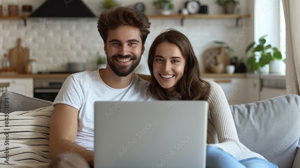 A smiling couple uses a laptop together while sitting on a couch in their living room A smiling couple uses a laptop together while sitting on a couch in their living room