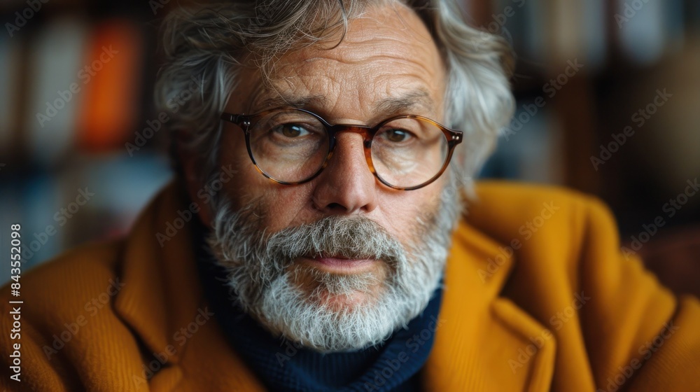 A close up portrait of a senior man wearing eyeglasses and a yellow coat A close up portrait of a senior man wearing eyeglasses and a yellow coat