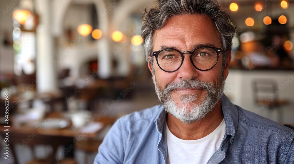 Smiling man with grey beard and glasses in a restaurant Smiling man with grey beard and glasses in a restaurant