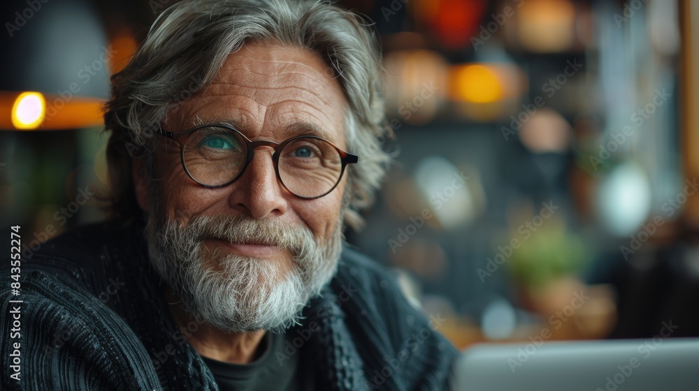 A smiling senior man with grey hair and glasses sits in a cafe A smiling senior man with grey hair and glasses sits in a cafe