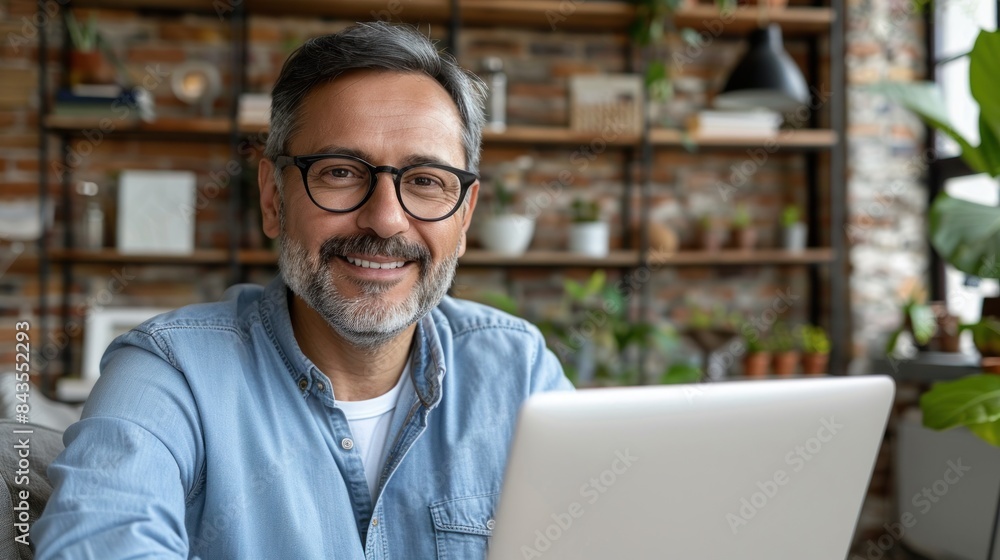 A middle-aged man with a beard and glasses smiles while using a laptop in his home office A middle-aged man with a beard and glasses smiles while using a laptop in his home office