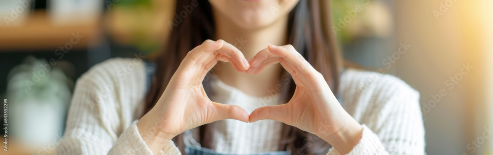 Close-Up of Woman Forming Heart Shape with Hands in Bright, Sunlit Room - Symbol of Love, Care, and Connection Close-Up of Woman Forming Heart Shape with Hands in Bright, Sunlit Room - Symbol of Love, Care, and Connection