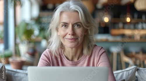 A woman with gray hair sits in a cafe using a laptop