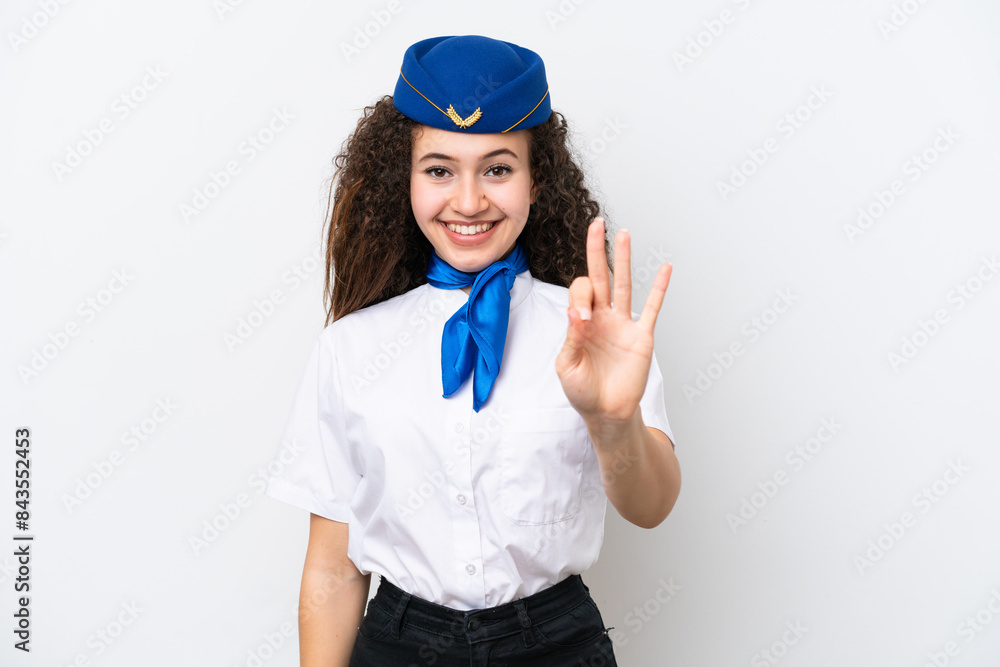 Airplane stewardess Arab woman isolated on white background happy and counting three with fingers Airplane stewardess Arab woman isolated on white background happy and counting three with fingers