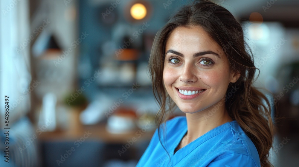 A close-up portrait of a smiling woman wearing a blue scrubs uniform